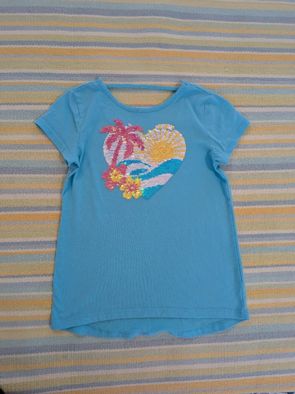 Girls 7/8 Turquoise Flip Sequin Heart Tee Tropical Palm Tree Sun Cutout Neck Shi
